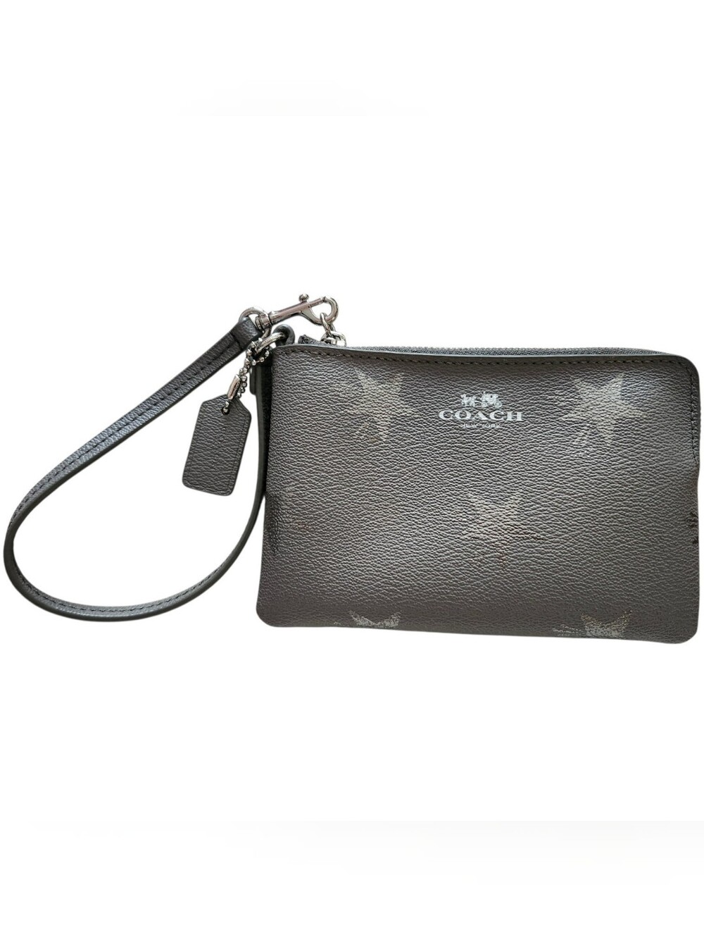 Coach Star Canyon Grey Leather Wristlet With A Unique Metallic Star Patteren